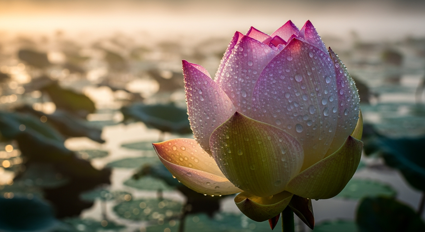 A dewy pink sacred lotus opening over a misty pond at dawn.