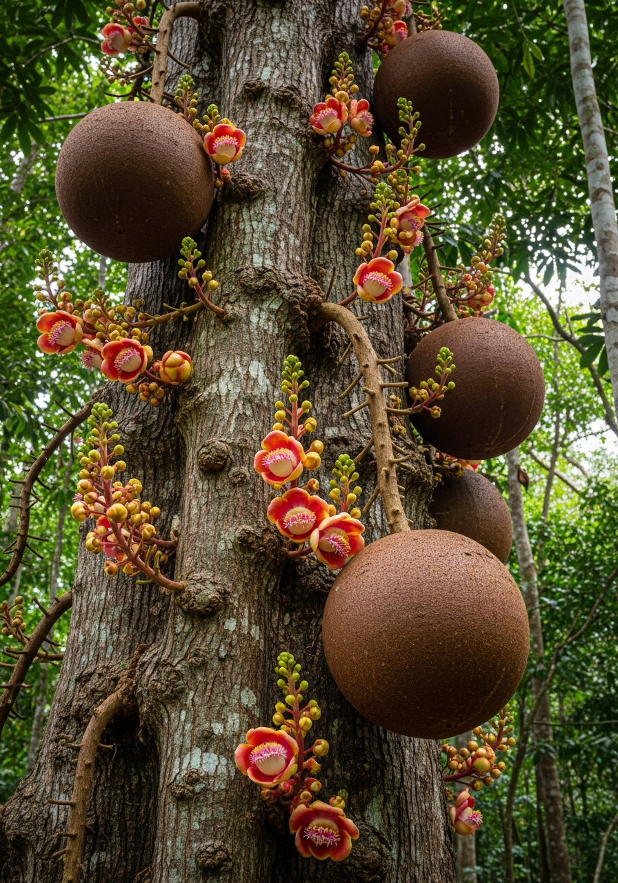 Cannonball-tree flowers crowding together on a single trunk.