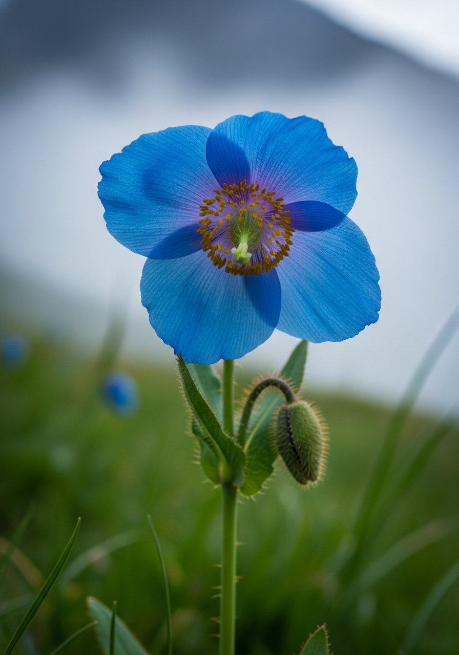 A luminous blue Himalayan poppy in alpine mist.