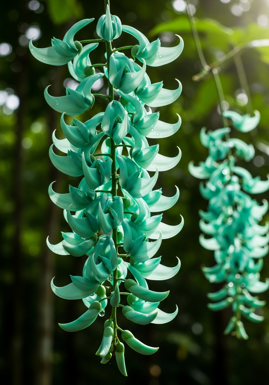 A cascade of turquoise jade-vine flowers hanging in the rainforest.