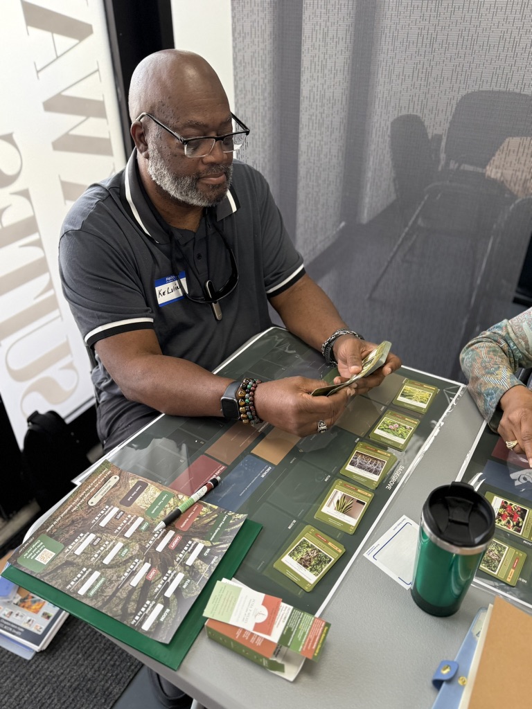 Kelvin sorting SageGrove value cards during a one-on-one session.