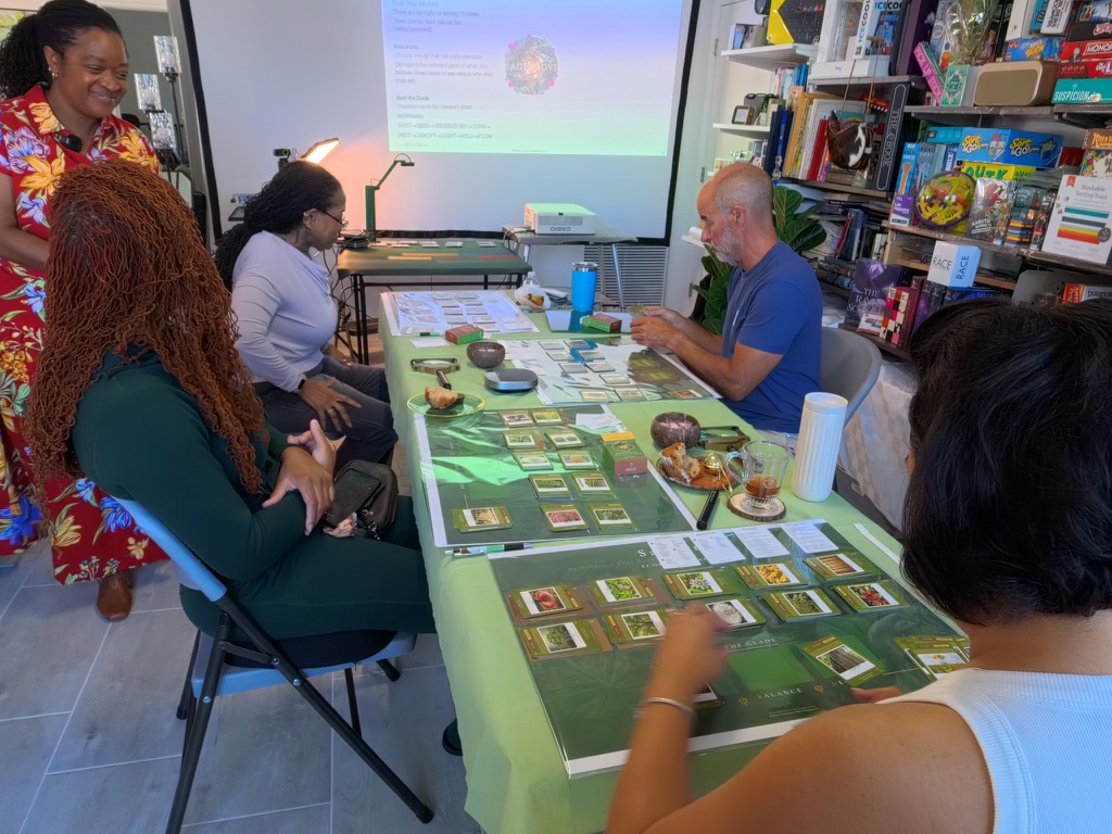 A small group exploring SageGrove value cards around a table.